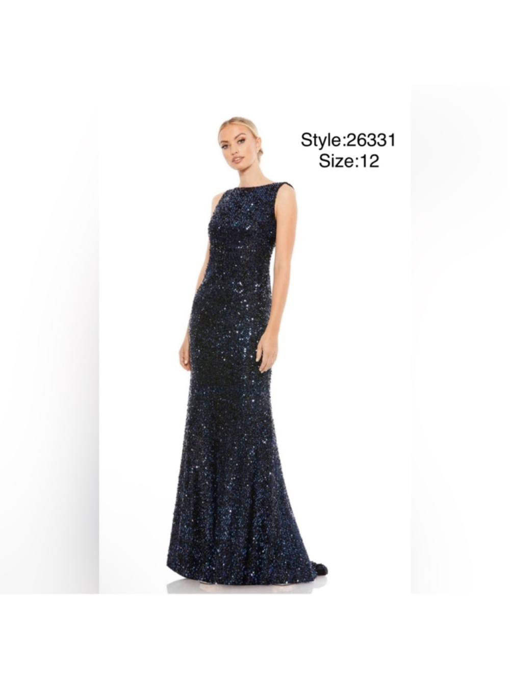 Cowl back boat neck sequined gown